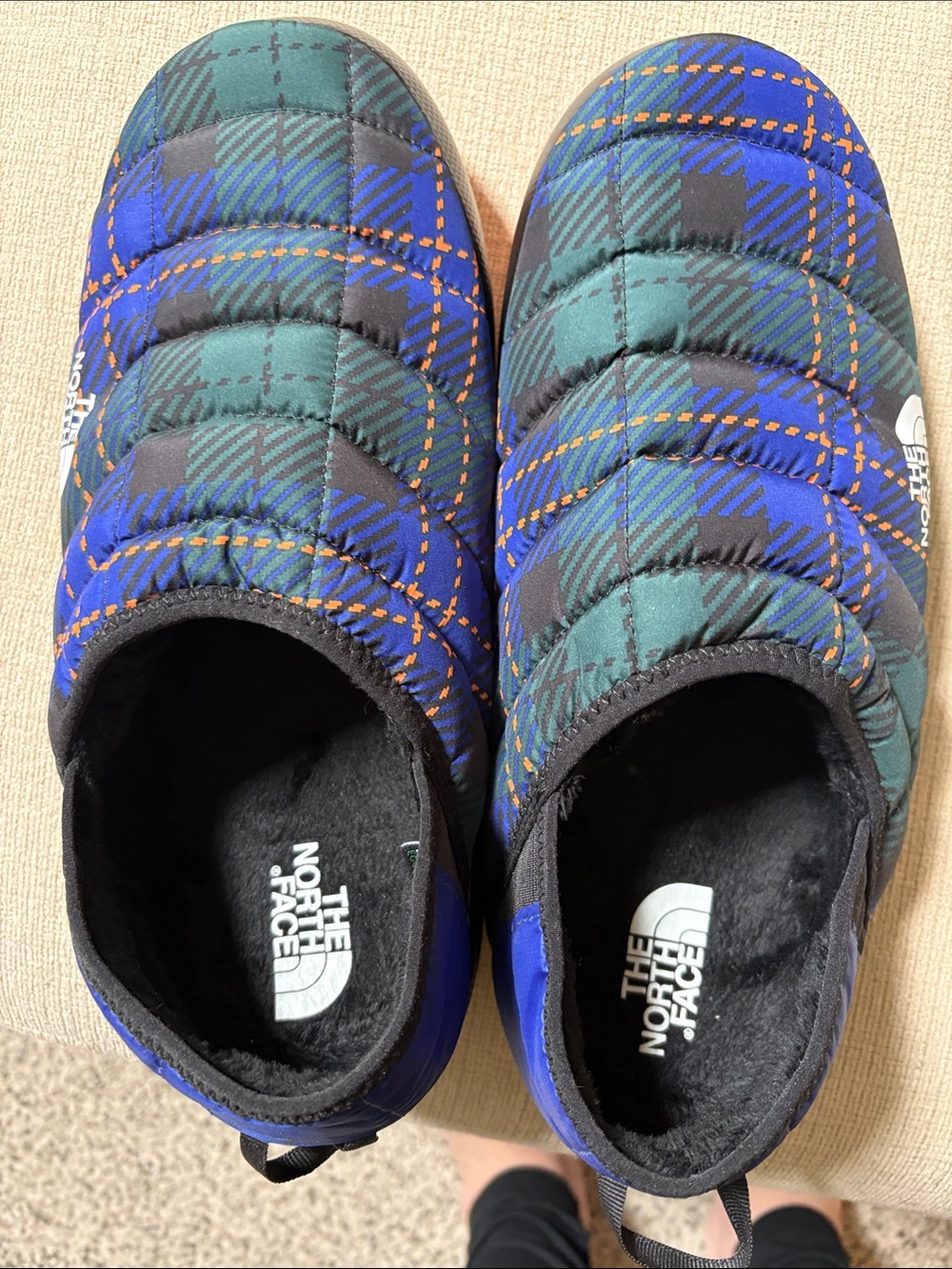 The North Face Blue, Green & Orange Plaid Quilted Slip-On Slippers